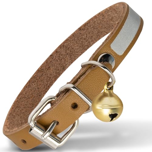 Filbert Leather Cat Collar, Reflective Cat Collar, Leather Accessories with Bell, Bird Warning, Suitable for Indoor and Outdoor, Non Breakaway, Durable, Stylish Design, Camel - color: Camel, size: S: ⅜" W x 6-8" Neck