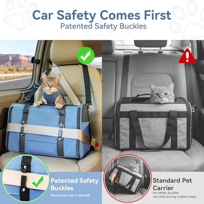 PETSFIT Soft-Sided Cat Carrier with Patented Safety Buckles, Lockable Zippers & Safety Tether,Escape-Resistant Travel Pet Carrier for Car Rides & Vet Visits, Airline Approved Under-Seat, Up to 12 lbs - color: Blue, size: Medium