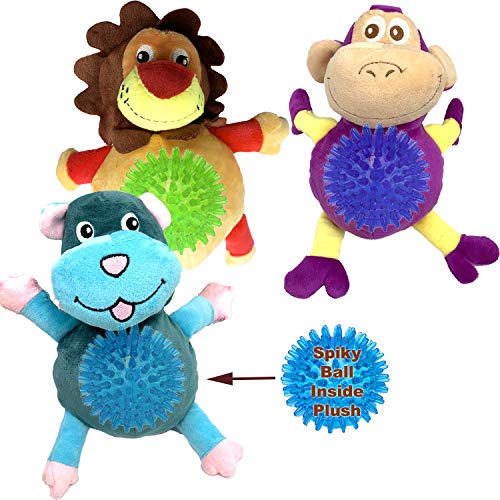 Jalousie Dog Squeaky Toys Value Set Non-Toxic Squeaky Balls Toss Fetch TPR Rubber Puppy Toys Spikey Dog Chew Toy for Small Medium Breed Pet Toys for Puppy (3 Pack 2-in-1 Plush) - color: 3 Pack 2-in-1 Plush