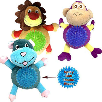 Jalousie Dog Squeaky Toys Value Set Non-Toxic Squeaky Balls Toss Fetch TPR Rubber Puppy Toys Spikey Dog Chew Toy for Small Medium Breed Pet Toys for Puppy (3 Pack 2-in-1 Plush) - color: 3 Pack 2-in-1 Plush