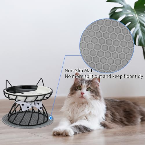 Elevated Cat Food Dish, Ceramic, Non-Slip Stand, Raised Feeding Station, 5 in, Shallow for Whiskers, Dishwasher Safe - color: Black