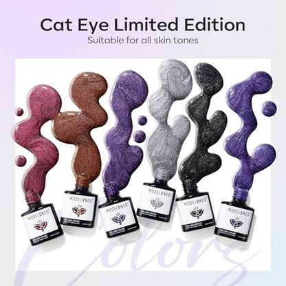 modelones Cat Eye Gel Nail Polish Set, 6 Colors Winter 9D Glassy Cat Eye Glitter Gel Polish Black Red Purple Blue Silver Brown Nail Polish with Magnet Soak Off LED DIY Salon Gift - color: A2-Moon n Night Cat Eye
