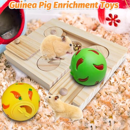 PINVNBY Guinea Pig Foraging Toy Sniff n' Snack Bunny Chew Toys Small Animal Wooden Enrichment Toys with 2 Balls Interactive Treat Dispenser for Rabbit Hamster Chinchillas Rats and Gerbils