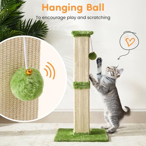 32" Tall Cat Scratching Post, Cat Scratcher with Heavy Duty Thick Wood Base, Cat Tower with Natural Sisal Rope and Hanging Ball, Plant-Like Design Scratching Post, for Small and Adult Kittens, Green - color: LIght Green