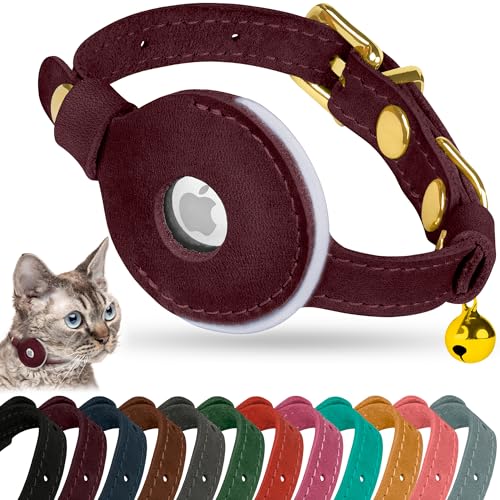 OOPSDOGGY Reflective Leather AirTag Cat Collar with Bell - Non Breakaway Adjustable Pet Collar with Apple Air Tag Holder - Lightweight GPS Kitten Collars for Small Dogs Puppy (Burgundy) - color: Burgundy