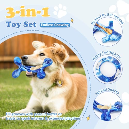 Furdog 3Pack Dog Toys for Aggressive Chewers Dog Chew Toy Tough Dog Toys to Keep Them Busy Bacon Flavor Teething Chew Toys & Dental Health for Large Medium Small Breeds (Blue) - color: Blue