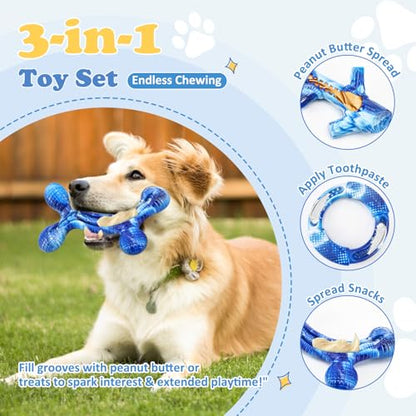 Furdog 3Pack Dog Toys for Aggressive Chewers Dog Chew Toy Tough Dog Toys to Keep Them Busy Bacon Flavor Teething Chew Toys & Dental Health for Large Medium Small Breeds (Blue) - color: Blue