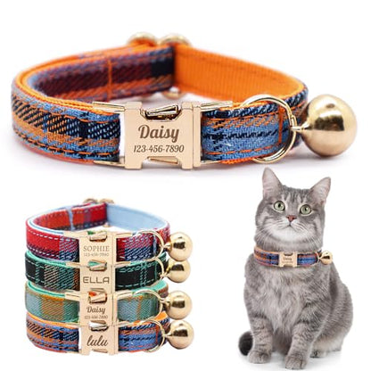 Personalized Plaid Cat Collar with Bell - Non-Breakaway Custom Polyester Kitten Collar with Engraved Name & Phone Number (Pattern 09, S (6.5-10.5 Inches)) - color: Pattern 09, size: S (6.5-10.5 Inches)