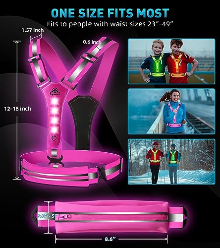 Topward LED Reflective Vest Running Gear, USB-C Rechargeable, Light Up Lights for Night Dog Walking Cycling, Running Phone Holder Vest for Runners, High Visibility with Adjustable Waist/Shoulder - color: pink