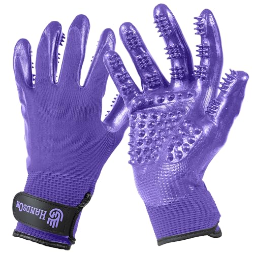 H HandsOn Pet Grooming Gloves - Patented #1 Ranked, Award Winning Shedding, Bathing, & Hair Remover Gloves - Gentle Brush for Cats, Dogs, and Horses (Mono Purple, Junior) - color: Mono Purple, size: Junior (1 Pair)