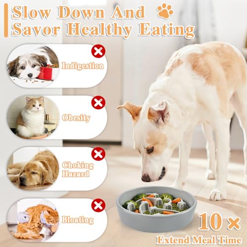 Ceramic Slow Feeder Dog Bowls, 2 Cups Dog Food Dish for Medium and Large Breed, Puzzle Dog Food Bowl for Fast Eater, 28OZ, 8.15 inch(Grey) - color: Grey-L