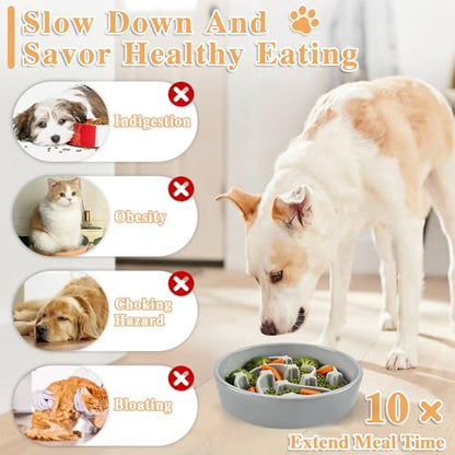 Ceramic Slow Feeder Dog Bowls, 2 Cups Dog Food Dish for Medium and Large Breed, Puzzle Dog Food Bowl for Fast Eater, 28OZ, 8.15 inch(Grey) - color: Grey-L
