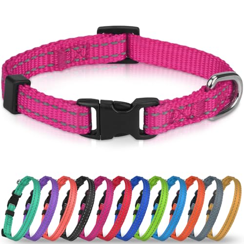 Joytale Puppy Collar, Feather-Light Double-Sided Reflective Nylon Collar for Night Safety, Adjustable Quick-Release for Extra Small Dogs, Hotpink, XS (3/8" Width) - color: Hot Pink, size: XS: Width 3/8", Neck 8-12"