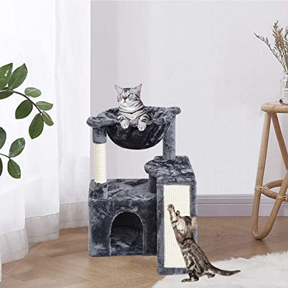 SYANDLVY 23.62" Cat Tree for Indoor Large Cats, Cat Tower with Scratching Posts & Board, Modern Cat Bed Furniture with Condo & Basket (Smoky Grey) - color: Smoky