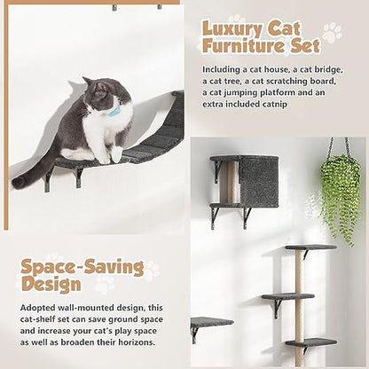 5 Pcs Wooden Indoor Cat Climber - Wall-Mounted Shelves, Perches, Scratching Board, Cat Ladder & Cat Tree - Grey - color: Grey