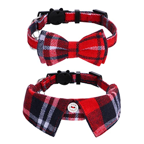 Faleela 2 Pack/Set Cat Collar with Cute Bow Tie and Bell,Breakaway Plaid Shirt Collar for Kitty Adjustable Safety - color: 2023new-Red