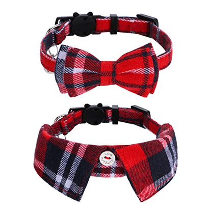 Faleela 2 Pack/Set Cat Collar with Cute Bow Tie and Bell,Breakaway Plaid Shirt Collar for Kitty Adjustable Safety - color: 2023new-Red