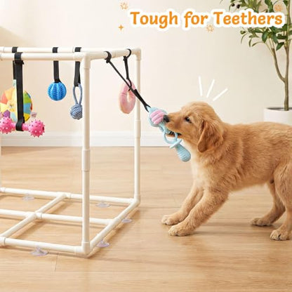 Puppy Play Gym with 15 Teething Toys, Indoor Jungle Gym with Puppy Toys to Keep Them Busy for Mental Stimulation, 23.2" Small Dog Play PVC Frame with Straps and Storage Bag