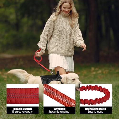 BUMBIN 6Ft Dog Leash Large Dogs, Bungee Dog Leash with 2 Handles, Heavy Duty Dog Leashes for Medium Small Dogs, No Pull Shock Absorbing Dog Leash with Car Seat Belt for Training, Red - color: Red