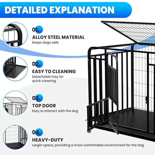 37-Inch Medium Dog Crate with Divider, Double Door Folding Alloy Metal Wire Cage with Leak-Proof Plastic Tray, Portable Pet Kennel for Indoor, Outdoor, and Travel,Black