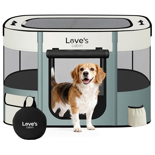 Love's cabin Pet Puppy Dog Playpen, Large Dog Tent Crates Cage Indoor/Outdoor, Portable Exercise Playpen for Cat, Foldable Pop Up Dog Kennel Playpen with Carring Case (L, Gray Green) - color: Gray green, style: Large