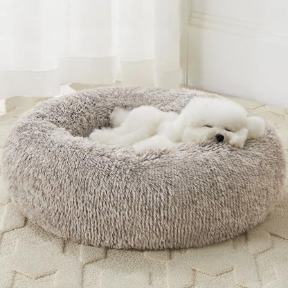 WNPETHOME Calming Dog Bed & Cat Bed, Anti-Anxiety Donut Small Dog Bed, Fluffy Faux Fur Cats Cushion Puppy Bed for Small Pets and Cats (24 x 24 inch, Light Coffee) - color: Light coffee, size: 24"L x 24"W x 8"Th