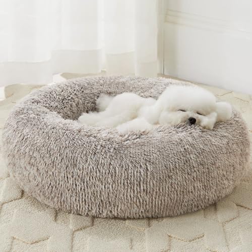 WNPETHOME Calming Dog Bed Cat Bed Donut, Faux Fur Pet Bed Self-Warming Donut Cuddler, Comfortable Round Plush Dog Beds (27 x 27 Inch, Light Coffee) - color: Light coffee, size: 27"L x 27"W x 10"Th