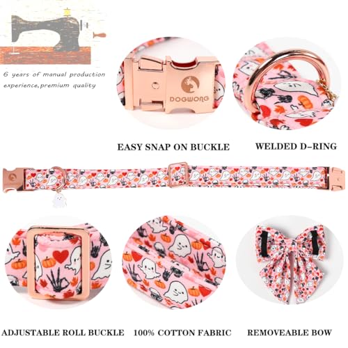 DOGWONG Cotton Fall Dog Collar, Pink Halloween Dog Collar with Bow Cute Pink Pumpkin Girl Dog Collars Puppy Necklace for Female Small Medium Large Dogs - color: ghost Pumpkin, size: XS