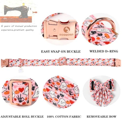 DOGWONG Cotton Fall Dog Collar, Pink Halloween Dog Collar with Bow Cute Pink Pumpkin Girl Dog Collars Puppy Necklace for Female Small Medium Large Dogs - color: ghost Pumpkin, size: XS