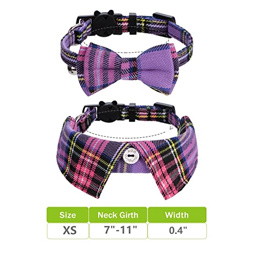 Faleela 2 Pack/Set Cat Collar with Cute Bow Tie and Bell,Breakaway Plaid Shirt Collar for Kitty Adjustable Safety - color: 2023new-Purple