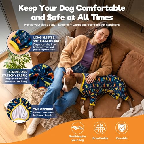 LovinPet Big Dog Pajamas for Large Dogs/Prehistoric Adventure Dinosaur Navy Print/Lightweight Stretchy Knit Pullover Dog Clothes/Large Dog Onesie, Pet Pajamas for Dogs, Pet PJ's/XXL - size: XX-Large