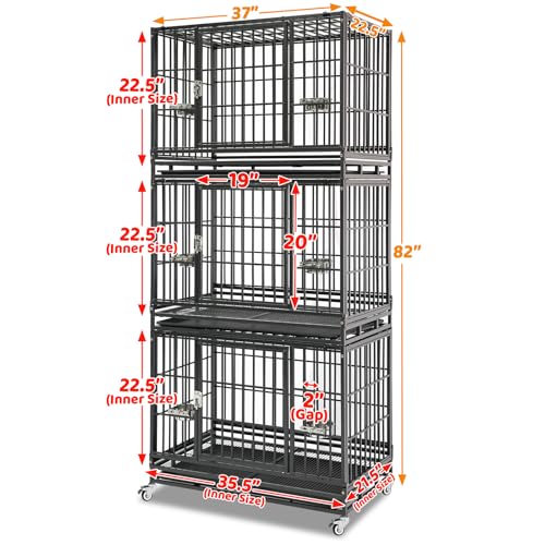 Homey Pet 37 Inch Heavy Duty Dog Crate Indestructible, Collapsible Dog Cage with Lockable Wheels, Removable Tray, High Anxiety Dog Kennel Indoor, Three Tiers Stackable Dog Crates for Medium Dogs - size: 37"L - 3 Tiers