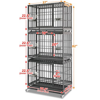 Homey Pet 37 Inch Heavy Duty Dog Crate Indestructible, Collapsible Dog Cage with Lockable Wheels, Removable Tray, High Anxiety Dog Kennel Indoor, Three Tiers Stackable Dog Crates for Medium Dogs - size: 37"L - 3 Tiers