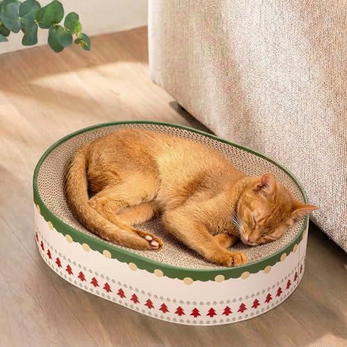 Conlun Cat Scratcher Bed, 2 in 1 Oval Cat Scratching Board for Indoor Kitty Scratch Pad Corrugated Cardboard Lounge Bowl Nest Couch Sofas for Kittens, Includes Cat Toy, Christmas - color: Christmas Tree with Cat Toy, size: Medium(16.9"L x 12.9"W x 3.9"Th)
