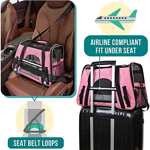 PetAmi Airline Approved Pet Carrier for Cats & Small Dogs, Soft Sided TSA Travel Carrier Bag with Sherpa Bed, Breathable Mesh Ventilation, Collapsible Bowl, Fits Under Seat, Up to 18 lbs, Large Pink - color: Pink, size: Large - 19.5"L x 10.2"W x 12"H