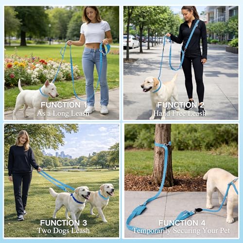 10FT Hands Free Dog Leash for Small Medium Large Dogs, Heavy Duty Reflective Dog Leash with Traffic Handle, Seat Belt Buckle & Poop Bag Holder (Blue) - color: Blue, size: 10FT