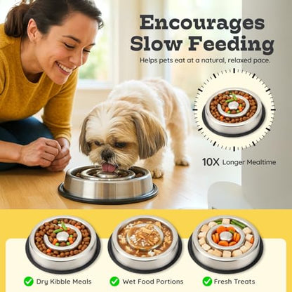 1.2 Cup (9.5 oz) Slow Feeder Dog Bowls, Shallow Spiral Style Stainless Steel Small Dog, Cat Dry, Wet Food Dishes Fast Eater Nonslip Heavy Feeding Puzzle Bowl, Slow Down Eating
