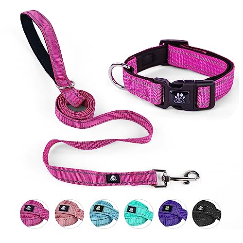Dog Collar and Leash Set,Reflective Dog Collars with Quick Release Buckle,Adjustable Nylon Pet Collar for Small Medium Large Dogs(Small,Fuchsia Pink) - color: Fuchsia Pink, size: Small