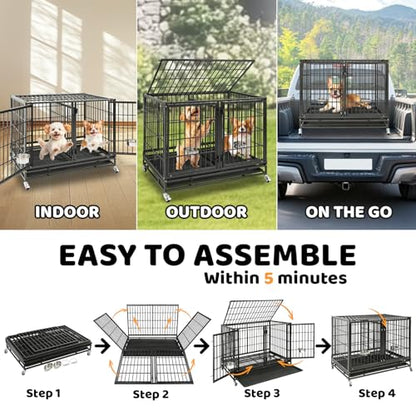 Homey Pet 43 Inch 2 Tiers Dog Crate Cage Kennel with Divider, Stackable Heavy Duty Dog Crate for Large Dogs, Escape Proof Indestructible Dog Kennel Indoor with Removable Tray, Lockable Wheels(6 Packs) - size: 43"L - 2 Tiers - 6 Pack