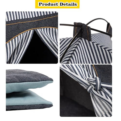Gigreinc Cat Tent for Indoor & Outdoor - Breathable Mesh with Stylish Denim Plaid Pattern - Portable Cat House, Puppy Tent L Size (22.8×22.8×18.5 Inches) for 12-20 lbs. Pets.