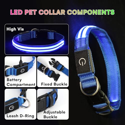 Neon LED Light Up Dog Collar for Night Walking, Rechargeable Safety Glow Illuminated Collar with 3 Modes Flashing, Reflective Adjustable Pet Light for Small/Medium Dogs Puppy 15-19" Neck (Blue) - color: 1-Pack(Blue)&Medium