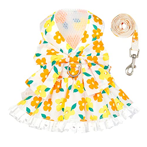ABRRLO Dog Harness Dress Leash Set for Small Dog Summer Clothes Girl Female Puppy Cats Outfits Cute Floral Bowknot Princess Birthday Dress for Extra Small Pet Doggie Kitten Outfits Apparel(Yellow,S) - color: Yellow, size: Small