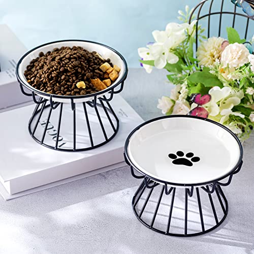 Roshtia 4 Sets Elevated Cat Bowls Ceramic Raised Cat Food Bowls with Metal Stand Dishwasher Safe Dishes Non Slip Elevated Food Plate(Black,Paw) - color: Black