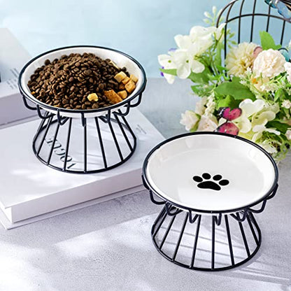 Roshtia 4 Sets Elevated Cat Bowls Ceramic Raised Cat Food Bowls with Metal Stand Dishwasher Safe Dishes Non Slip Elevated Food Plate(Black,Paw) - color: Black