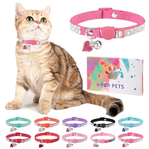 Rhinestone Cat Collar Breakaway with Bell, Diamond Cat Collar with Safety Buckle Quick Release for Girl Boy Small Kitten Pets Puppy,Cute Soft Female Male Cat Collars, Color Rose 8-12" - color: Rose (1 Pack), size: 8"-12" Cats / Mini Dogs