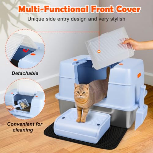 Vivifying Stainless Steel Litter Box with Lid, XL Side Entry Extra Large Litter Box for Big Cats & Kitty, Removable Enclosed Metal Cat Pan with High Sided Enclosure, Scoop, Mat, Footboard (Blue) - color: Blue