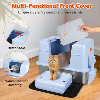 Vivifying Stainless Steel Litter Box with Lid, XL Side Entry Extra Large Litter Box for Big Cats & Kitty, Removable Enclosed Metal Cat Pan with High Sided Enclosure, Scoop, Mat, Footboard (Blue) - color: Blue