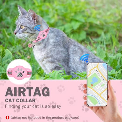 SCENEREAL Airtag Cat Collar Breakaway, Reflective Pink Cat Collar Airtag, GPS Cute Cat Collar with Bells and Apple Air Tag Holder, Glow in The Dark Pet Collars for Boy Girl Cats, Kittens, Puppies