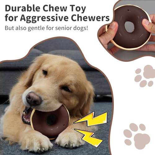 Dog Toys for Aggressive Chewers, Indestructible Squeaky Chew Toy to Keep Them Busy, Interactive Rubber Donut with Milk Flavor & Bounce, Teeth Cleaning for Small Medium Large Breed, Brown - color: Brown