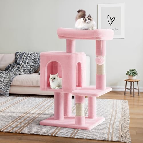 Allewie 29 Inches Cat Tree Tower/Plush Perches Platform/Condo/House/Sisal Scratching Posts/Multi-Level Activity Center Furniture for Kittens/Pink - color: Pink